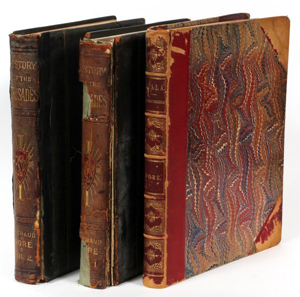 LEATHER BOUND BOOKS ILLUSTRATED BY DORE 19TH C.: LEATHER BOUND BOOKS ILLUSTRATED BY DORE, 19TH C., 3 VOL.:Including volumes one and two of the "History of the Crusades" by Michaud, illustrated with 100 Grand compositions by Gustave Dore, engraved by