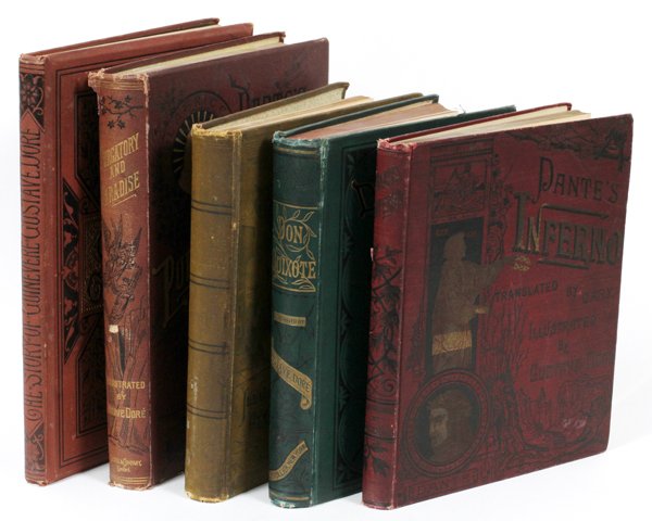 BOOKS ILLUSTRATED BY GUSTAVE DORE 19TH C. 5 VOLUMES: BOOKS ILLUSTRATED BY GUSTAVE DORE, 19TH C., 5 VOLUMES:Leather and cloth bound books, each featuring embossed gold and black detailing to the front cover. All are illustrated by Gustave Dore, including