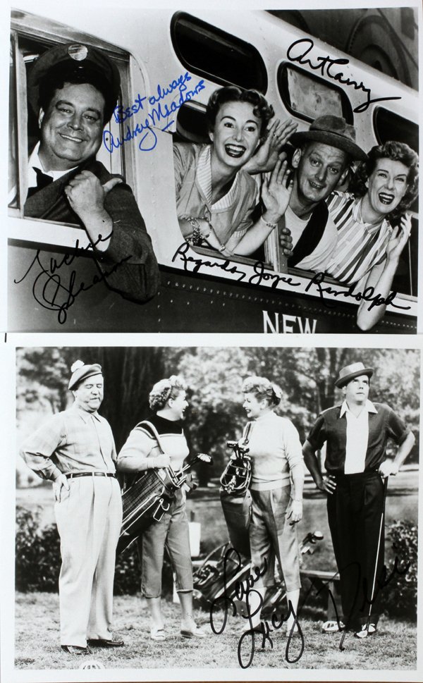 HONEYMOONERS & I LOVE LUCY AUTOGRAPHED CAST PHOTOS: HONEYMOONERS AND "I LOVE LUCY", AUTOGRAPHED CAST PHOTOS, 2 PCS., H 8", W 10",:"Honeymooners" autographed black and white cast photograph signed by Jackie Gleason, Audrey Meadows, Art Carney and Joyce 
