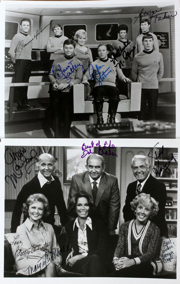 STAR TREK &MARY TYLER MOORE AUTOGRAPHED PHOTOGRAPHS: STAR TREK AND MARY TYLER MOORE, TV SERIES, AUTOGRAPHED CAST PHOTOGRAPHS, 2 PCS., H 8", W 10":Star Trek autographed cast black and white photo signed by: William Shatner, George Takei, Nichelle Nichols