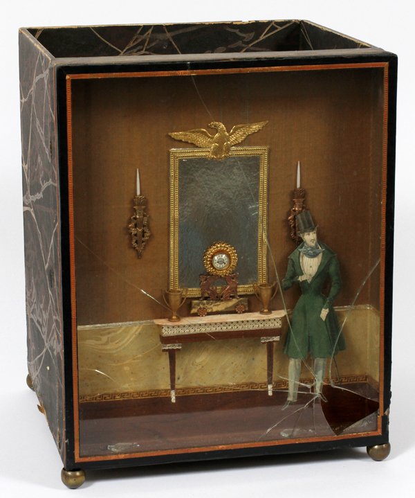 WASTE BASKET W/ MINIATURE INTERIOR SCENE: WASTEBASKET WITH MINIATURE INTERIOR SCENE, H 14", W 10", L 10":faux marble veneer design waste basket with a shadow box form miniature interior scene on one side, under glass, depicting a 19th century