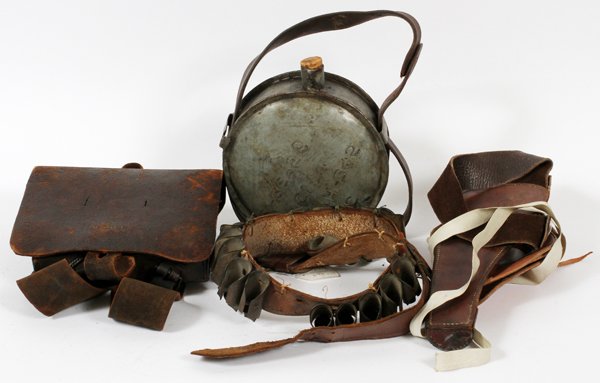 LEATHER HOLSTER BULLET POUCH CANTEEN ETC. 4 PCS: LEATHER HOLSTER, BULLET POUCH, CANTEEN, ETC., 4 PCS:original 19th century, made in New York, leather holster, metal military canteen, leather bullet pouch and armor belt.