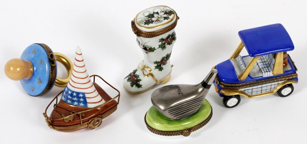 FRENCH LIMOGES PORCELAIN HINGED COVERED BOXES 5 PCS: FRENCH LIMOGES, PORCELAIN HINGED COVERED BOXES, 5 PCS. H 2" - 3 1/2":boxes depict a sailboat, golf club, golf cart, boot and baby pacifier. All having hinged lids. Signed on the under sides.