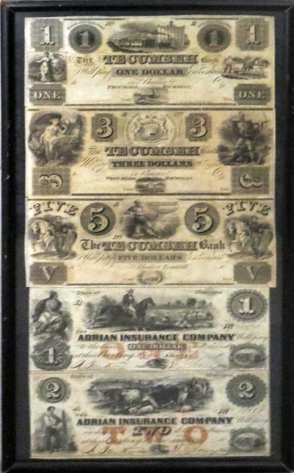 TECUMSEH MICHIGAN BANK $135 ADRIAN INSURANCE $12: TECUMSEH MICHIGAN BANK, $1,3,5, ADRIAN INSURANCE $1,2 19TH C:three Tecumseh, Mi. Bank notes in $1.00, $3.00 and $5.00 denominations. And two Adrian Insurance Company $1.00 and $2,.00 notes. 5 pcs.