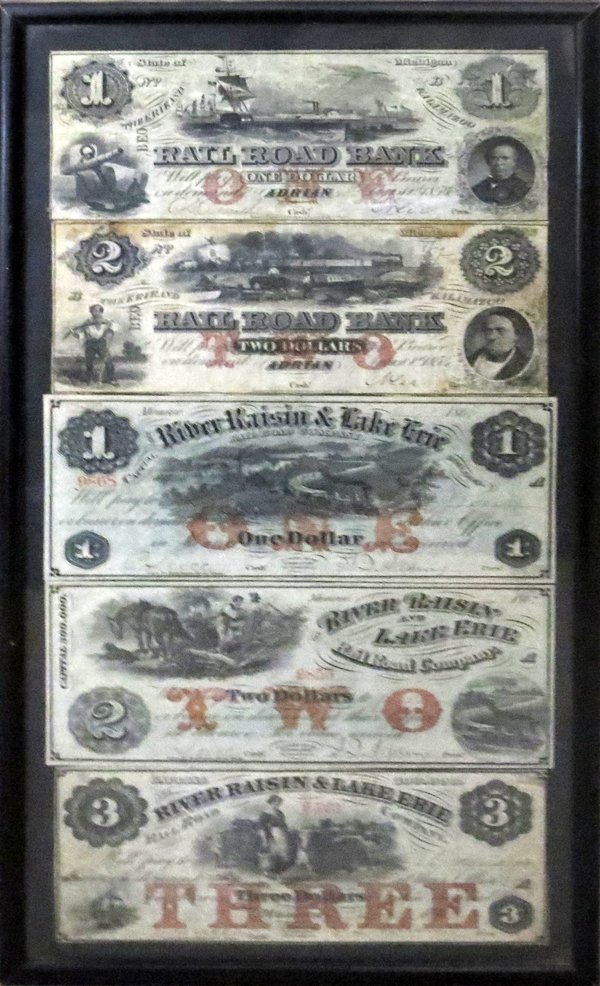RAILROAD BANK OF ADRIAN & LAKE ERIE MONROE NOTES: RAILROAD BANK OF ADRIAN, RIVER RAISIN & LAKE ERIE MONROE NOTES, 1853-4, 5 PCS.:Railroad Bank Of Adrian, notes $1.00 & $2.00. & River Raisin & Lake Erie Monroe, $1.00, $2.00 & $3.00 notes,1853-54. fram