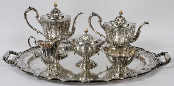 DURGIN STERLING TEA & COFFEE SET W/TRAY EARLY 20THC: DURGIN STERLING TEA & COFFEE SET WITH TRAY, EARLY 20TH C., SIX PIECES, PATTERN #1822:Sterling silver set includes 1 teapot, H.8 12", 1 coffee pot, H.10 1/2", 1 creamer, H.7", 1 covered sugar bowl, W.1