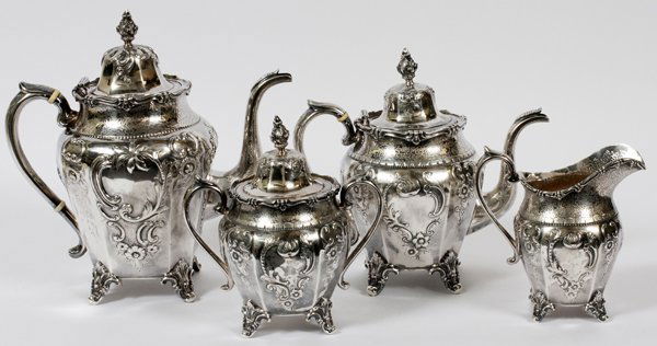 GALE & HAYDEN COIN SILVER TEA & COFFEE SET 1847 4PC: GALE & HAYDEN COIN SILVER TEA & COFFEE SET, NEW YORK, 1847, FOUR PIECES:Including 1 teapot, H.10", 1 coffee pot, H.12", 1 creamer, and 1 covered sugar bowl; each piece is stamped "G & H" for William G