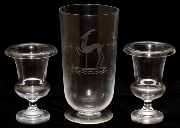 SIDNEY WAUGH FOR STEUBEN GLASS VASE 1938: SIDNEY WAUGH FOR STEUBEN GLASS VASE, 1938, H 7 1/4", & A PAIR OF URNS:Including 1 footed form cylindrical vase, engraved with antelope figure, signed and dated 1930 at the underside, measuring H.7 1/4