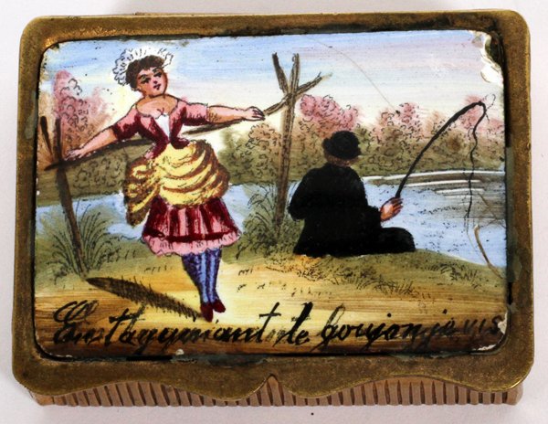 FRENCH ENAMEL WHIMSICAL MATCH SAFE LATE 19TH C.: FRENCH ENAMEL WHIMSICAL MATCH SAFE, LATE 19TH C., L 1 3/4":A brass box with hinged cover enamel decorated with a whimsical scene of a lady and fisherman at the exterior and within (see additional phot