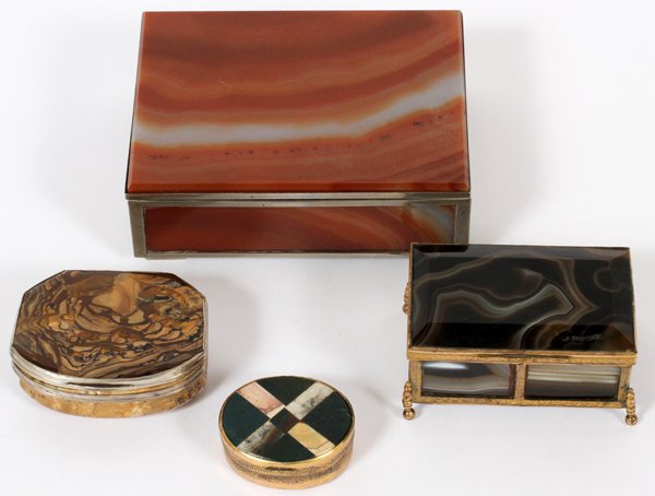 AGATE GILT METAL & SILVER HINGED BOXES 19TH/20TH C.: AGATE, GILT METAL & SILVER HINGED BOXES, 19TH/20TH C., FOUR, L 1 1/2"-4":Gilt metal includes 1 oval box with pieces of stone, including agate, arranged in a banded pattern, H.1/2" x 1 1/2", and 1 rect