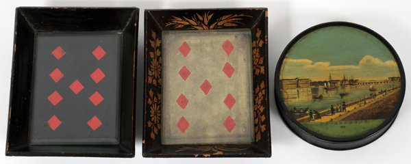 ENGLISH 'ST. PETERSBURG' PAPIER MACHE BOX C. 1800: ENGLISH 'ST. PETERSBURG' PAPIER MACHE BOX, C. 1800, DIA 3.5", & BRIDGE TRAYS (2):A round papier mache box with removable cover decorated with a view of St. Petersburg, H.3/4" x 3 1/2"; together with 2
