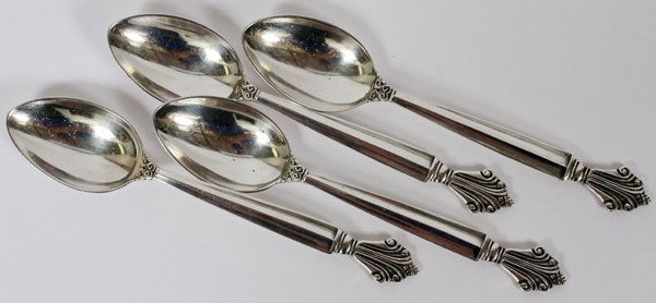 GEORG JENSEN 'ACANTHUS' STERLING TEASPOONSC. 1920: GEORG JENSEN 'ACANTHUS' STERLING TEASPOONS (4), C. 1920, L 5 3/4":A set of 4 teaspoons in the "Acanthus" pattern, stamped "GI" in a beaded oval (see photo). Totaling approximately 3.73 troy oz.