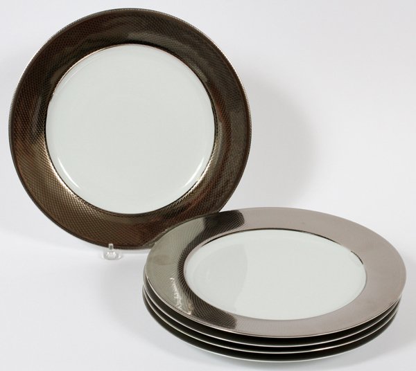 CHRISTOFLE 'GUILLOCHE-PLATINUM' PORCELAIN CHARGERS: CHRISTOFLE 'GUILLOCHE-PLATINUM' PORCELAIN CHARGERS, FIVE, DIA 12":Stamped on the reverse (see additional photo).