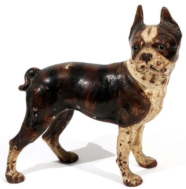 PAINTED BOSTON TERRIER CAST IRON DOORSTOP: PAINTED BOSTON TERRIER CAST IRON DOORSTOP, EARLY 20TH C., H 10 1/2", L 10":Painted brown and white.