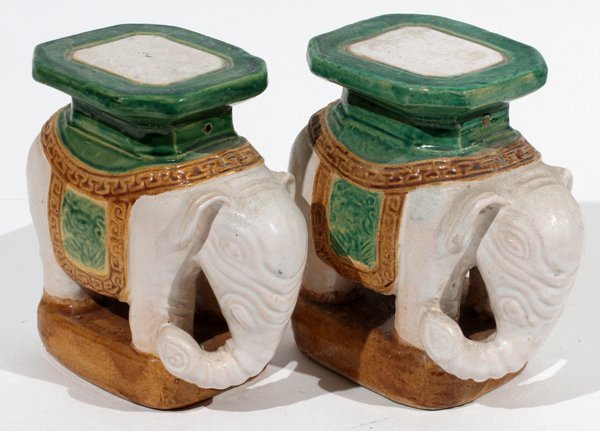 CHINESE GLAZED POTTERY ELEPHANT STANDS PAIR: CHINESE GLAZED POTTERY ELEPHANT STANDS, PAIR, H 7", W 7":Glazed in green, brown and white. No apparent markings.
