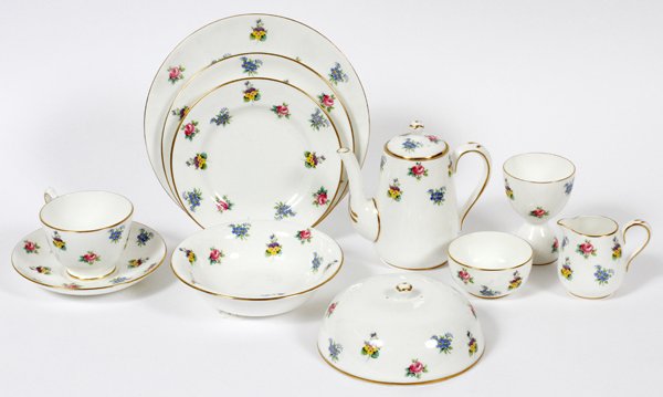 CROWN STAFFORDSHIRE BREAKFAST SET ELEVEN PIECES: CROWN STAFFORDSHIRE BREAKFAST SET, ELEVEN PIECES:Bone china individual breakfast set includes 1 teapot, H.5 3/4", 1 creamer, 1 sugar bowl, 1 tea cup, 1 saucer, 1 egg cup, 1 cereal bowl, 3 plates, Dia.