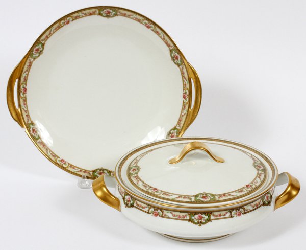 THEODORE HAVILAND LIMOGES PORCELAIN BOWL & TRAY: THEODORE HAVILAND, LIMOGES PORCELAIN COVERED VEGETABLE BOWL & TRAY, C. 1920:Two items total.