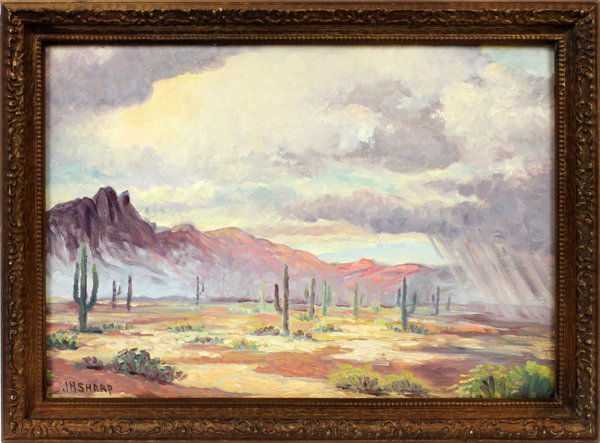 JOSEPH HENRY SHARP OIL ON PANEL: JOSEPH HENRY SHARP (AMERICAN 1859-1953), OIL ON PANEL, H 14", W 20", "DESERT RAIN":Signed lower left; gilt frame.