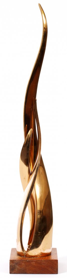 EGON WEINER CHICAGO POLISHED BRONZE SCULPTURE: EGON WEINER, CHICAGO POLISHED BRONZE SCULPTURE, C. 1961, H 19" X 3" X 3", "PILLAR OF FIRE":"Pillar of Fire", an original work of art, bronze sculpture, signed, Egon Weiner, Chicago, 1961. Made in Oslo