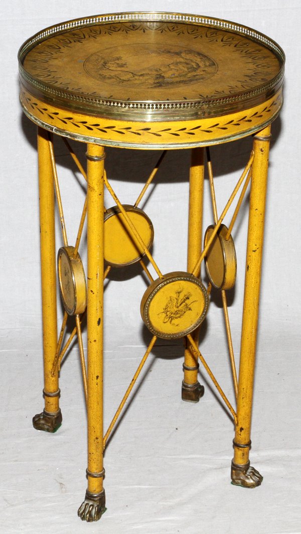 ENGLISH REGENCY ROUND TOLE TABLE 19TH.C.: ENGLISH REGENCY ROUND TOLE TABLE, 19TH.C. H 29", DIA 16":Criss cross supports, brass gallery.