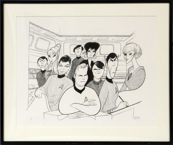 AL HIRSCHFELD LITHOGRAPH: AL HIRSCHFELD LITHOGRAPH, H 19", L 24" STAR TREK THE ORIGINAL CAST:Albert "Al" Hirschfeld [American 1903 - 2003]. A caricature of the original cast of the Star Trek series. Signed and numbered edition