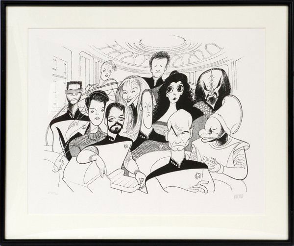 AL HIRSCHFELD LITHOGRAPH: AL HIRSCHFELD LITHOGRAPH, H 19", L 24" STAR TREK THE NEXT GENERATION:Albert "Al" Hirschfeld [American 1903 - 2003]. A caricature of the cast of Star Trek The Next Generation. Signed and numbered editi