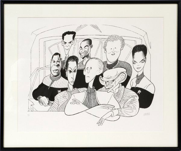 AL HIRSCHFELD LITHOGRAPH: AL HIRSCHFELD LITHOGRAPH, H 19", L 24" STAR TREK DEEP SPACE NINE:Albert "Al" Hirschfeld [American 1903 - 2003]. A caricature of the cast of Star Trek Deep Space Nine. Signed and numbered edition 144/1