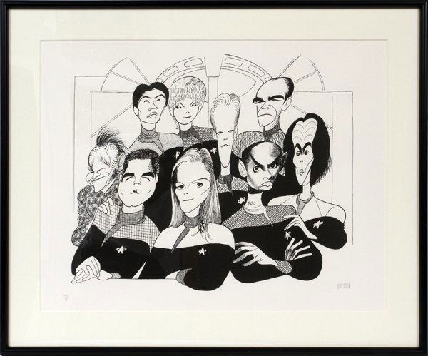 AL HIRSCHFELD LITHOGRAPH: AL HIRSCHFELD LITHOGRAPH, H 19", L 24", STAR TREK VOYAGER:Albert "Al" Hirschfeld [American 1903 - 2003]. A caricature of the cast of Star Trek Voyager. Signed and numbered edition 146/175. Framed and