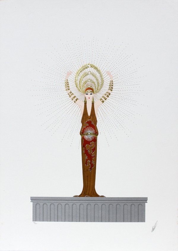 ERTE SERIGRAPH ON PAPER: ERTE [RUSSIAN, 1892-1990], SERIGRAPH ON PAPER, H 24 1/4" W 34", "DIANA":Romain (Erte) De Tirtoff [Russian, 1892-1990]. Diana serigraph from the Myths Suite. Pencil signed at the lower right, edition n