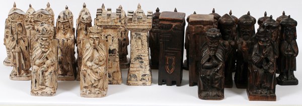 SPANISH GOTHIC HAND CARVED WOOD MAGNUM CHESS SET: SPANISH GOTHIC HAND CARVED WOOD MAGNUM CHESS SET, 32 PIECES, H 8 1/2" TO 9 1/2":Ex. collection Marian Titus, University of Michigan artist.