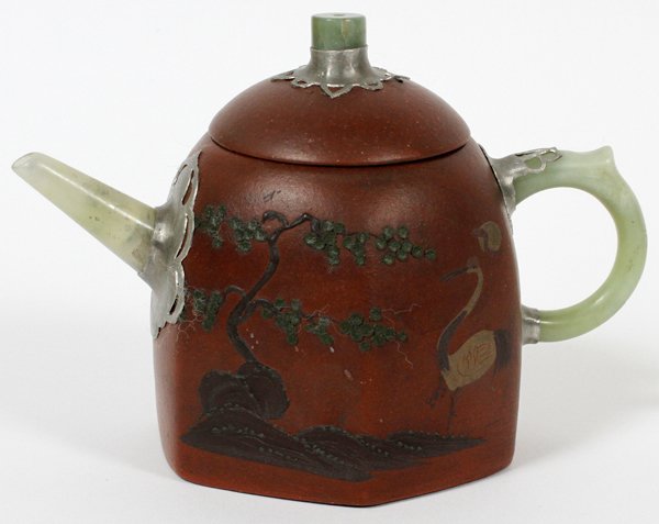 CHINESE EARTHENWARE TEA POT: CHINESE EARTHENWARE TEA POT, H 4 1/2",:Having a jade handles and spout. Marked on the underside.