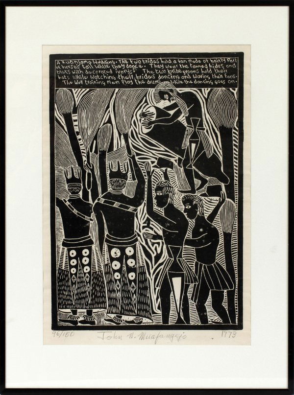 JOHN NDEVASIA MUAFANGEJO SOUTH AFRICAN LINOCUT 1973: JOHN NDEVASIA MUAFANGEJO SOUTH AFRICAN (1943-1987), LINOCUT, 1973, H 20", W 14", "A KUANJAMA WEDDING":#96/150; pencil signed; framed.