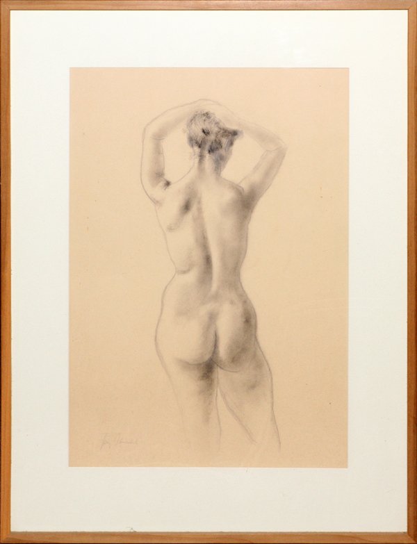 JERRY FARNSWORTH CHARCOAL DRAWING: JERRY FARNSWORTH (1895-1982), CHARCOAL DRAWING, 20" X 14", 'NUDE':Signed lower left, under glass, framed, with information on the reverse (see additional photos).