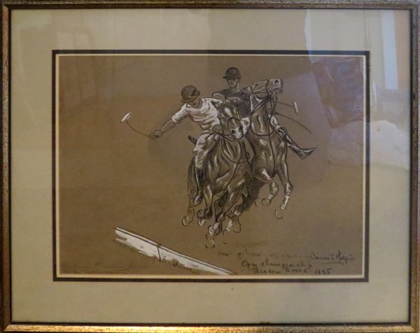 WARREN T. HALPIN CHARCOAL DRAWING 1935: WARREN T. HALPIN, CHARCOAL DRAWING, 1935, H 12 3/4", W 17", "OPEN CHAMPIONSHIP MEADOWBROOK":British polo match. Open championship, 1935. Born NYC. Signed, titled and dated lower right; framed.