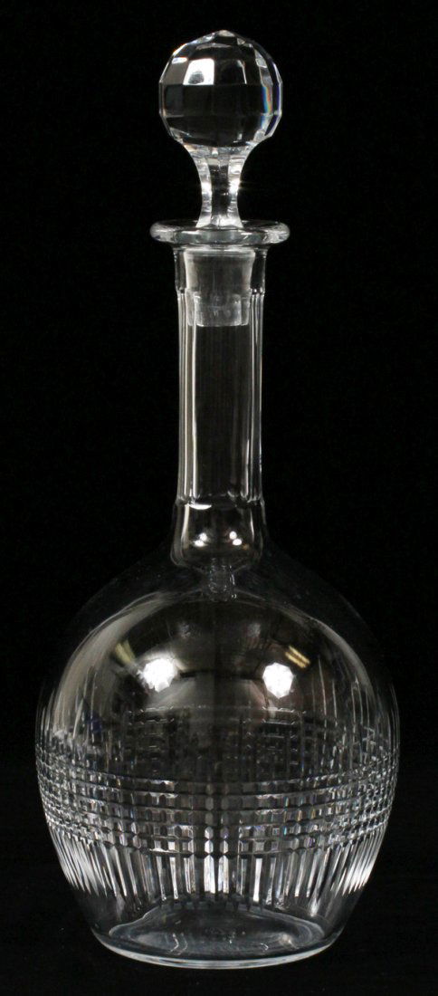 BACCARAT CRYSTAL DECANTER: BACCARAT CRYSTAL DECANTER H 12":Bulbous base, prism stopper, hand blown. H 12.5"