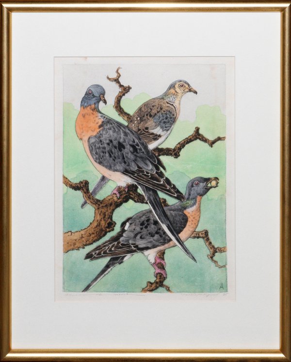 BENSON BOND MOORE COLOR ETCHING: BENSON BOND MOORE (1882-1974), COLOR ETCHING, 10" X 7", 'PASSENGER PIGEONS':Pencil signed, titled and numbered 25 along the lower margin, under glass and matted in a gilt wood frame.