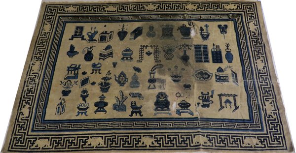 CHINESE NINGXIA HAND WOVEN RUG C. 1870: CHINESE NINGXIA HAND WOVEN RUG, C. 1870, W 4' 5" L 6' 9":Featuring urns, table screens, statues, and other decorative accessories along the center. Ivory ground with blue accents, measuring L. 6 ft. 9