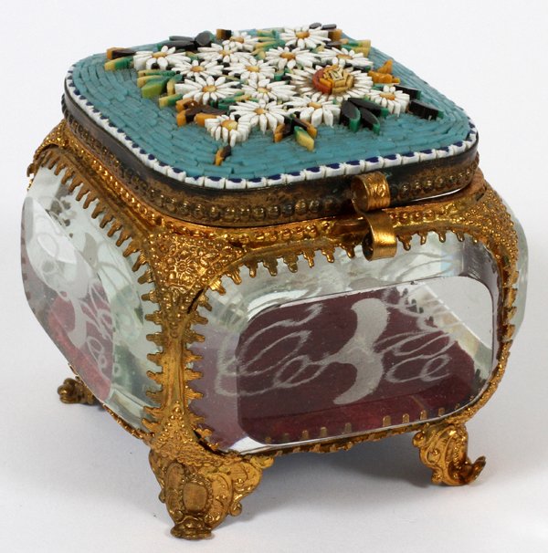 ITALIAN MICRO MOSAIC & ETCHED GLASS DRESSER BOX: ITALIAN MICRO MOSAIC & ETCHED GLASS DRESSER BOX, H 2 1/2":Square form footed box, fitted with four glass panels in a gilt metal frame, decorated with a micro mosaic of daisies on a blue ground at the 