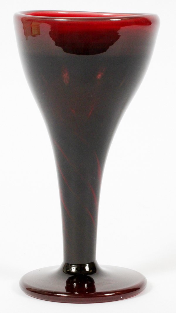 DOMINICK LABINOART GLASS VASE 1969: DOMINICK LABINO [1910-1987], ART GLASS VASE, 1969, H 6" DIA 3":Footed chalice form vase, colored in a dark cranberry, signed and dated 1969 at the underside. Measuring H. 6" x 3".