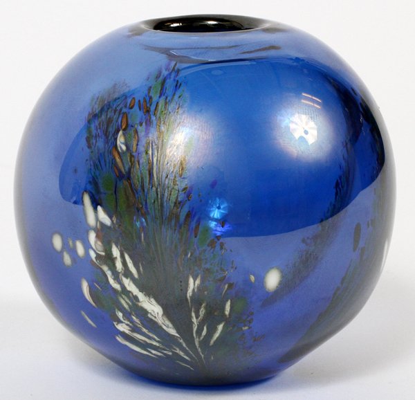DOMINICK LABINOART GLASS VASE 1982: DOMINICK LABINO [1910-1987], ART GLASS VASE, 1982, H 3 1/4":Globular form vase, colored in blue, and decorated with floral and leaf design. Signed and dated, "1-1982" at the underside, measuring H. 3 