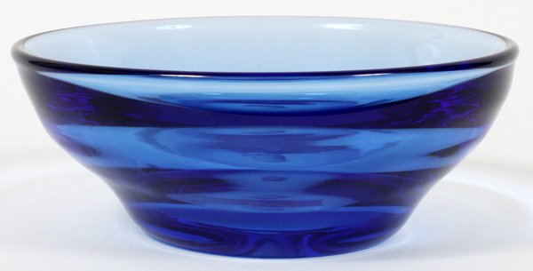 DOMINICK LABINOART GLASS BOWL 1974: DOMINICK LABINO [1910-1987], ART GLASS BOWL, 1974, H 2 1/2" DIA 6 1/2":Round form bowl, colored in blue, signed and dated, "2-1974" at the underside, measuring H. 2 1/2' x 6 1/2".