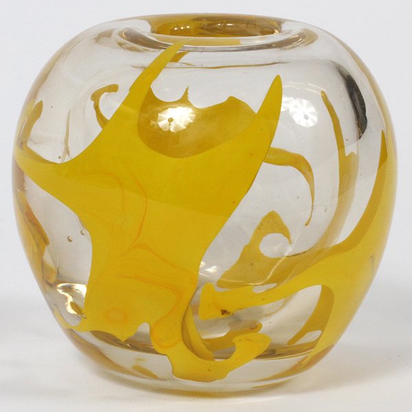 DOMINICK LABINOART GLASS VASE 1971: DOMINICK LABINO [1910-1987], ART GLASS VASE, 1971, H 3 3/4":Bulbous form vase, internally decorated with yellow swirl design. Signed and dated, "5-1971" at the underside, measuring H. 3 3/4".