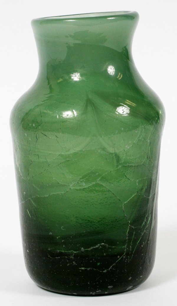 DOMINICK LABINOART GLASS VASE 1964: DOMINICK LABINO [1910-1987], ART GLASS VASE, 1964, H 5 3/4" DIA 3 1/4":Glass vase with a crackle glaze, decorated in green. Signed and dated 1964 at the underside, measuring H. 5 3/4" x 3 1/4".