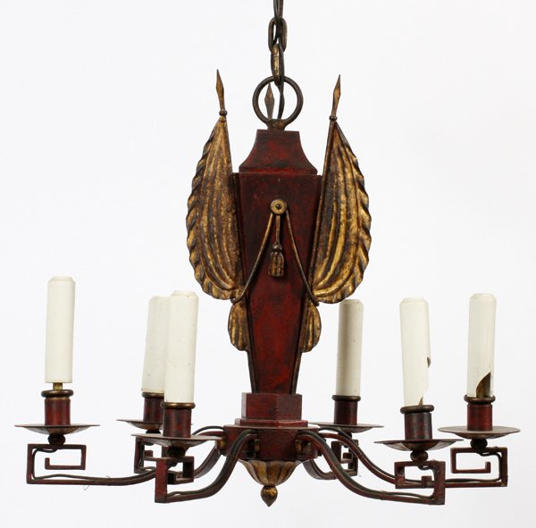 TOLE 6 LIGHT CHANDELIER C1920: TOLE 6 LIGHT CHANDELIER, C1920, H 17", D 18":having a military motif with red painted triangular shaped and tapered metal center shaft, three draped gilt metal flags and tassels, six cast metal arms w