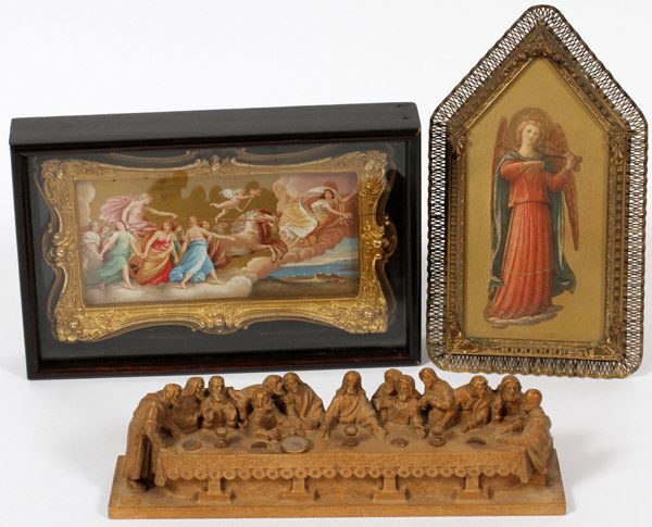 RELIGIOUS MINIATURE PRINTS & LAST SUPPER CARVING: RELIGIOUS MINIATURE PRINTS & LAST SUPPER CARVING, 3 PCS:Including one depicting Mary's assumption into heaven, measuring H. 2 3/8" x 4 3/4" visible, framed in gilt wood and displayed in a shadow box f