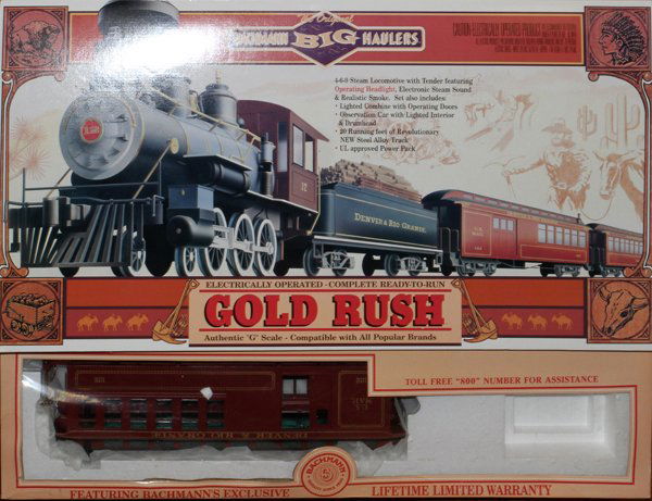 BACHMAN BIG HAULERS 'G' SCALE ELECTRIC TRAIN SET: BACHMAN BIG HAULERS, 'GOLD RUSH', 'G' SCALE, ELECTRIC TRAIN SET, LATE 20TH C, 25+ PCS.:'Gold Rush" train set including a 4-6-4 steam locomotive and tender, combination car with and lighted interior an