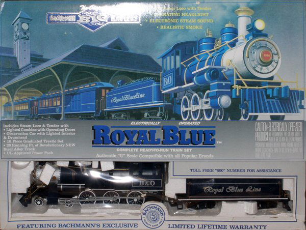 BACHMANN BIG HAULERS 'G' SCALE ELECTRIC TRAIN SET: BACHMANN BIG HAULERS, 'ROYAL BLUE', 'G' SCALE, ELECTRIC TRAIN SET, LATE 20TH C, 25+ PCS.:Bachmann 'Royal Blue' G-scale electric train set including: 4-6-0 steam locomotive with tender, illuminated com