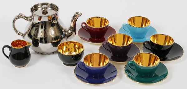 EUROPEAN LUSTERWARE DEMI TASSE TEA SET 15 PCS: EUROPEAN LUSTERWARE DEMI TASSE TEA SET, 15 PCS:Including 6 demi tasse cups with 6 saucers, 1 creamer, and 1 sugar, all by Royal Copenhagen in the Confetti pattern; together with one English Burslem Gi