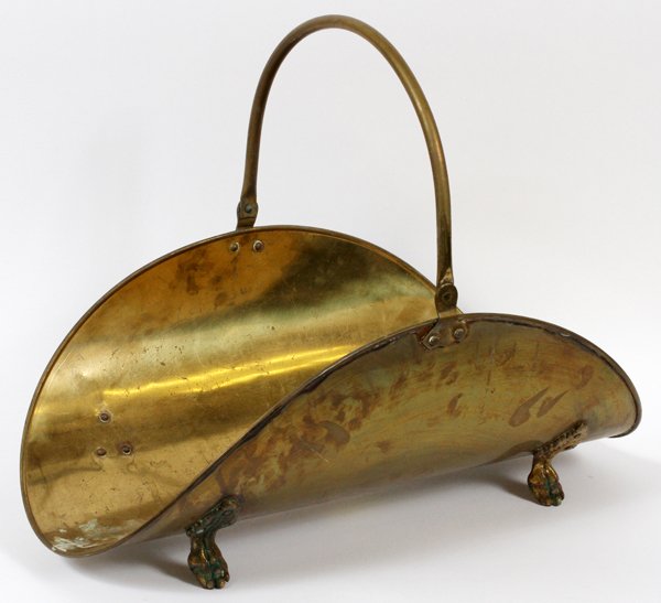 ANTIQUE BRASS LOG-BASKET W/ HANDLE: ANTIQUE BRASS LOG-BASKET WITH HANDLE, W 13", L 23":With tall ring handle, footed Paw feet. Shows age.
