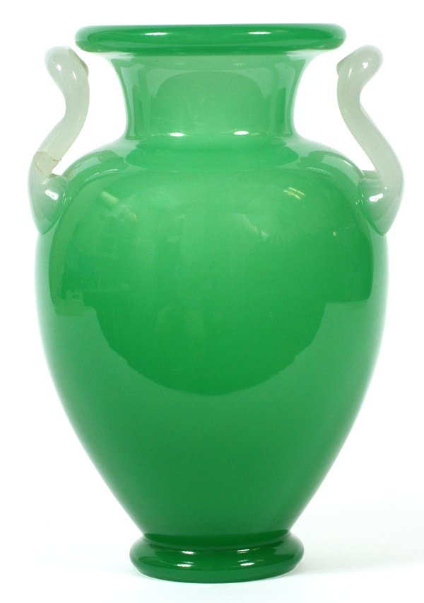 STEUBEN JADE & ALABASTER GLASS HANDLED VASE C. 1920: STEUBEN JADE & ALABASTER GLASS HANDLED VASE, C. 1920, H 10 1/2", W 7":Baluster form jade glass vase, flanked by curved alabaster handles. Appears to be unsigned, measuring H. 10 1/2" x 7". Circa 1920.